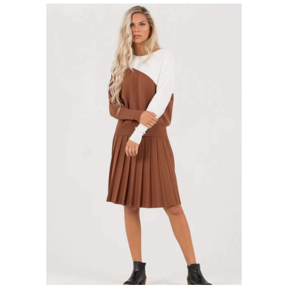 ALEEZA Paris Ponte Knit Pleated‎ Knee Length Skirt M Brown